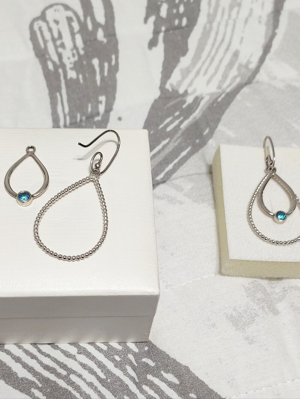 Pandora "Compose" 925 Sterling Silver Double Drop Earrings w/Blue Topaz Stones - Picture 3 of 5
